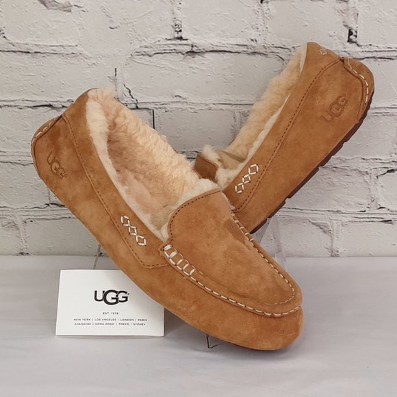 UGG 'ANSLEY' SHEARLING WOOL MOCCOSIAN SLIPPERS 'RICH CHESNUT' SUEDE - Picture 16 of 16
